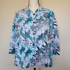 Christopher & Banks Size PXL Linen Blend Button Front Floral Top Blouse Pockets